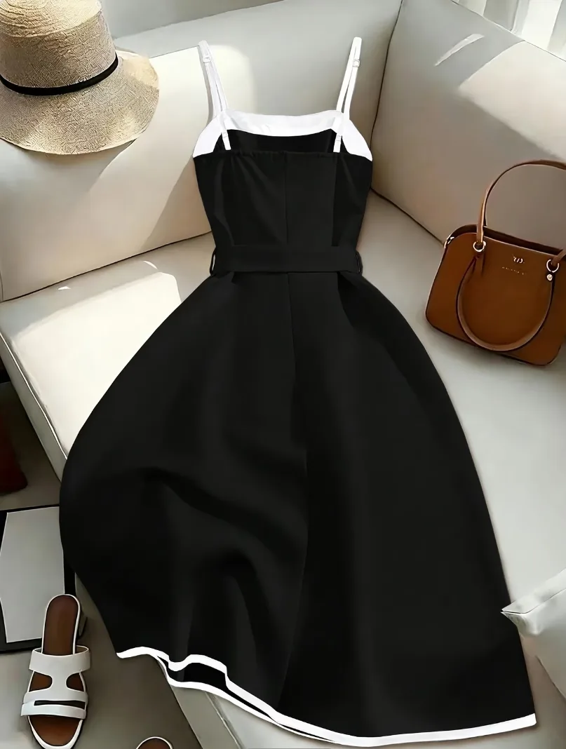 Vestido midi negro con tirantes blancos